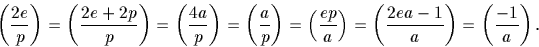 \begin{displaymath}
\left(\frac{2e}{p}\right)=\left(\frac{2e+2p}{p}\right)=\left...
 ...\right)=\left(\frac{2ea-1}{a}\right)=\left(\frac{-1}{a}\right).\end{displaymath}