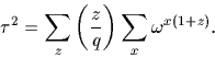 \begin{displaymath}
\tau^2=\sum_z \left(\frac{z}{q}\right) \sum_x \omega^{x(1+z)}.\end{displaymath}